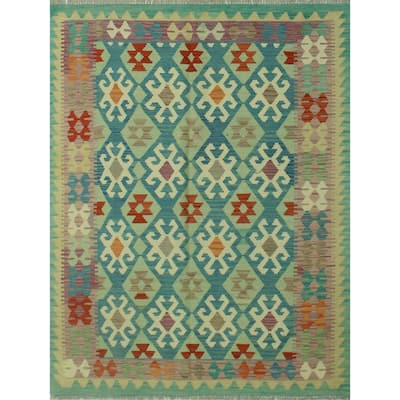 Hand-Woven Sangat Kilim Husnu Lt. Green/Purple Rug - 5'0" x 6'4"