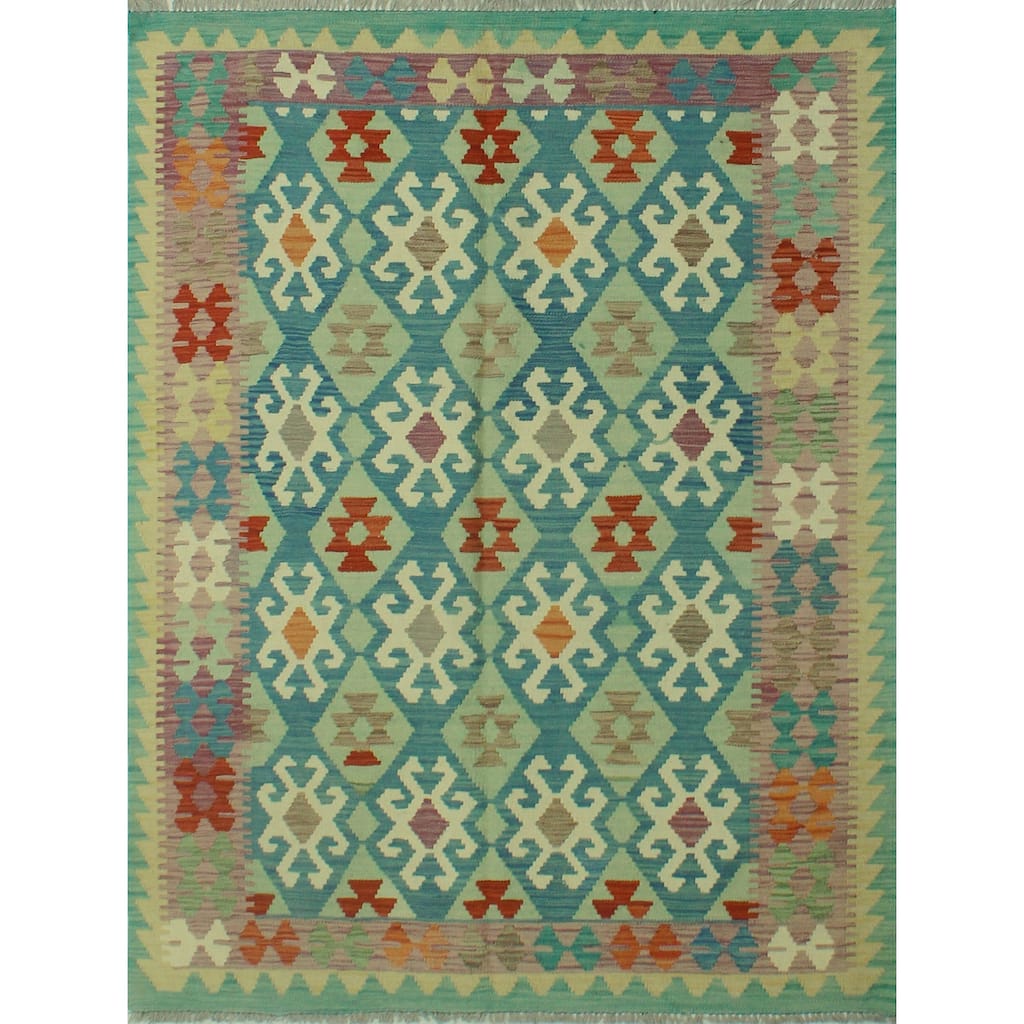 Hand-Woven Sangat Kilim Husnu Lt. Green/Purple Rug - 5'0" x 6'4"