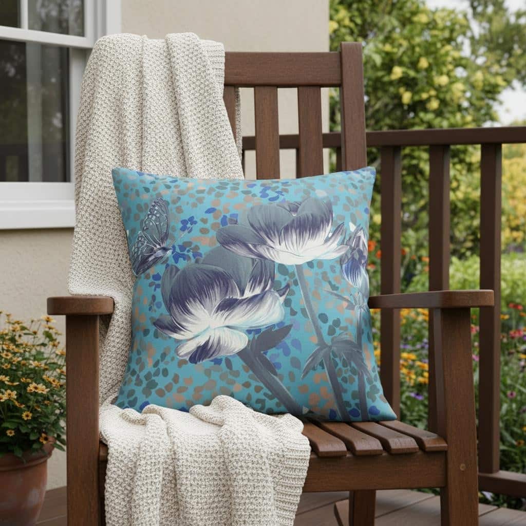 HomeRoots 18" x 18" Blue and Green Butterfly Blown Seam Floral Indoor Outdoor Throw Pillow - 18.00' X '5.00' X '18.00