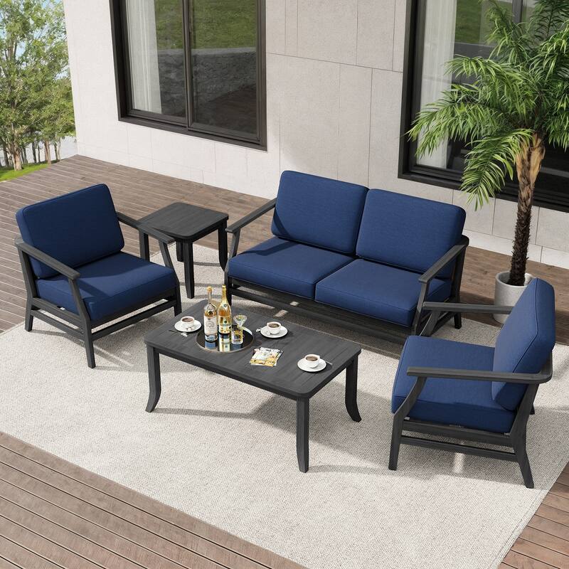 Teak Outdoor Patio Seating Set with Loveseat, Chairs and Tables (5-Piece)