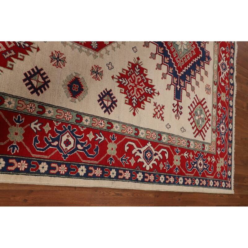 Geometric Kazak Area Rug Hand-Knotted Beige Oriental Wool Carpet - 6'9" x 9'9"