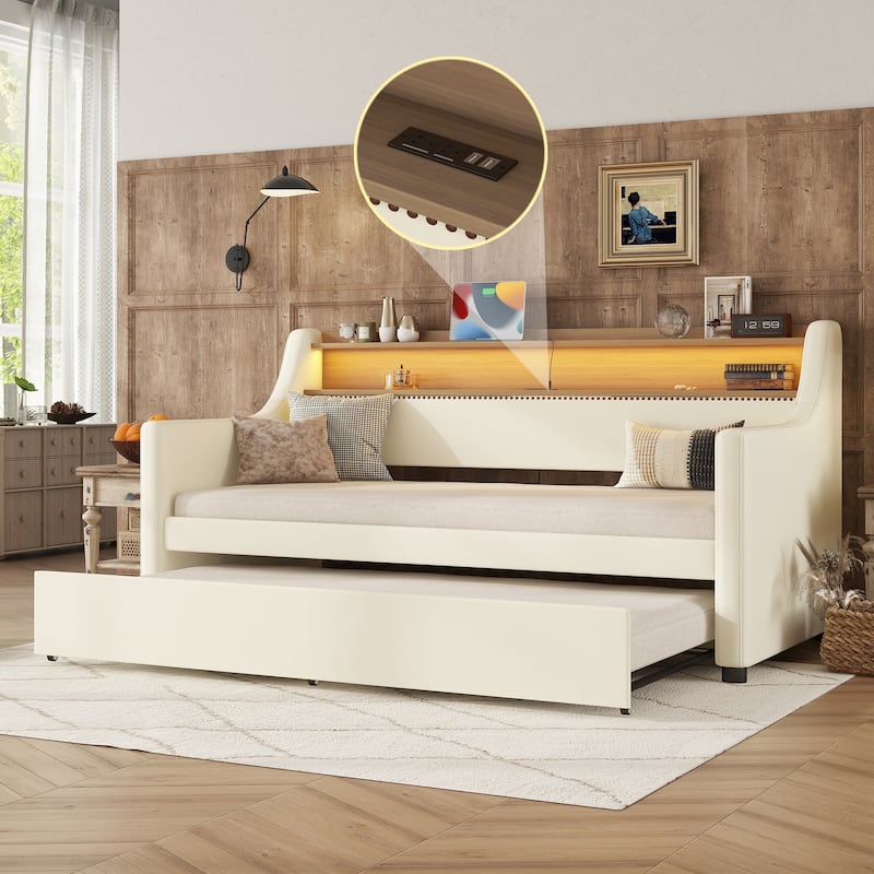Twin Size Upholstered Daybed with Trundle, Charging Station, and LED Lights in White - White