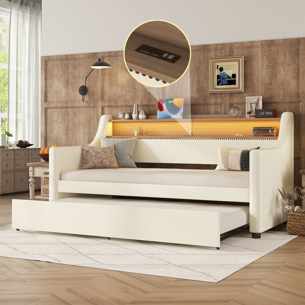 Twin Size Upholstered Daybed with Trundle, Charging Station, and LED Lights in White