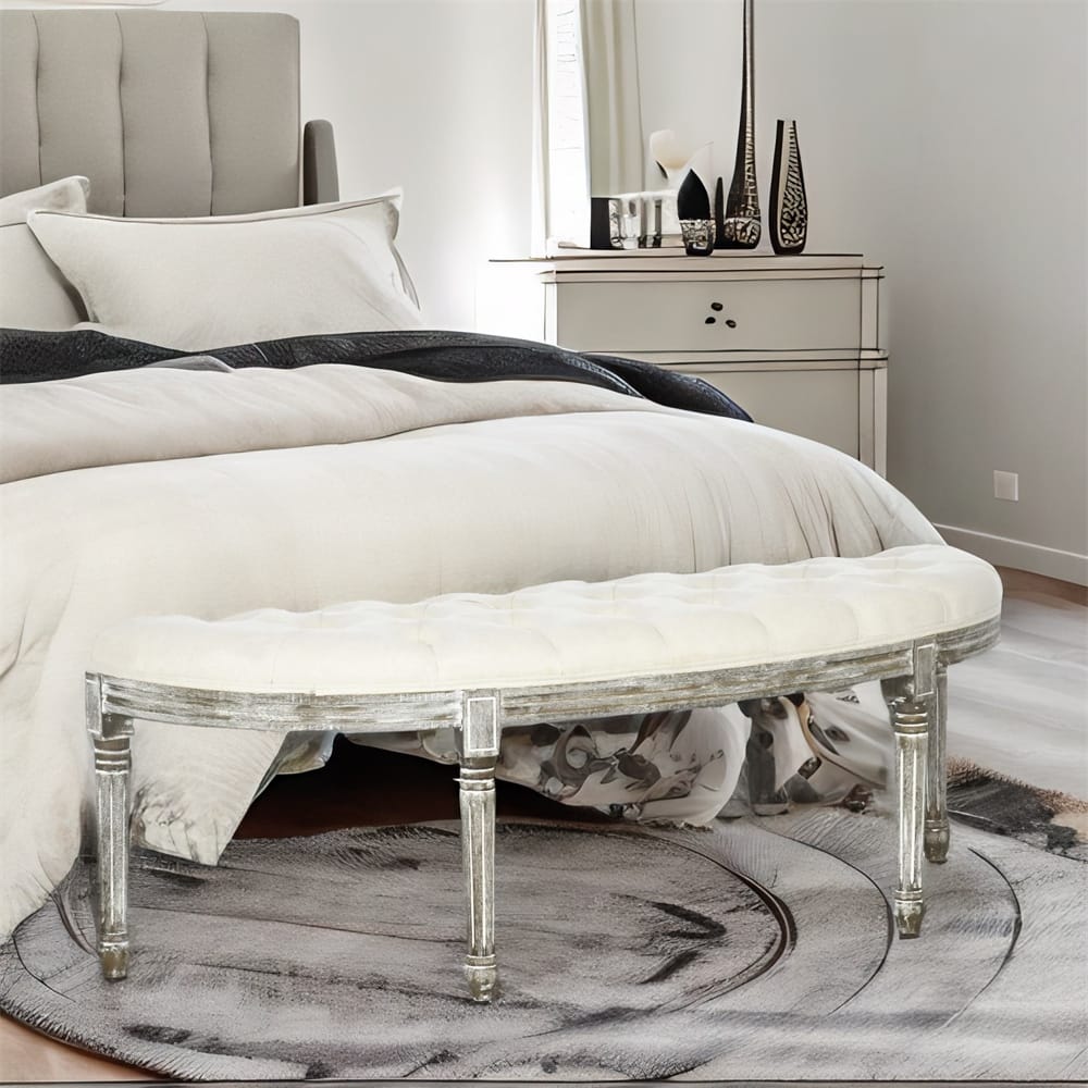 Semi-Circle End of Bed Bench with Tufted Design with Rubberwood Legs