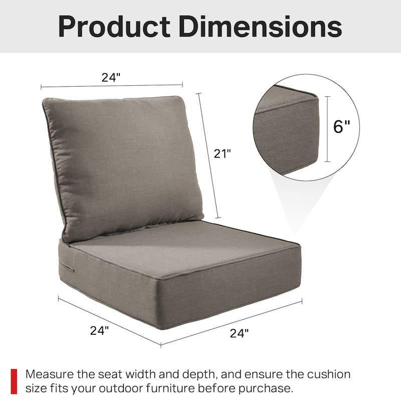 24" W x 24" D x 6" T Water & Fade Resistant Outdoor Lounge Chair Replacement Cushion Set
