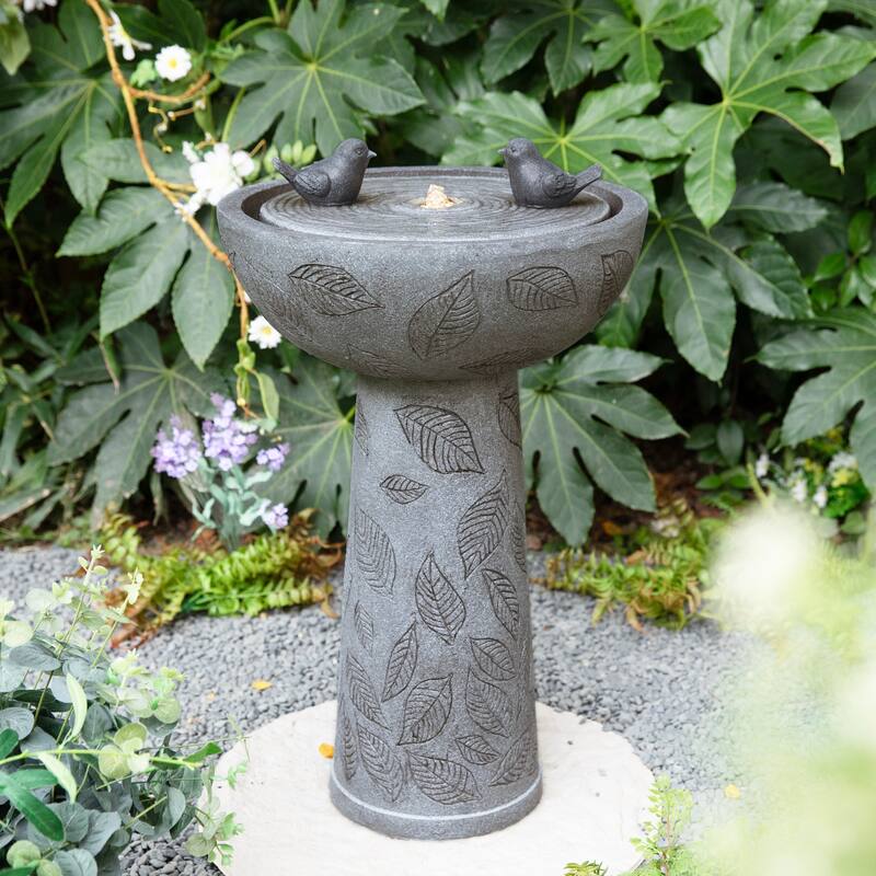 Glitzhome Birdbath Polyresin Outdoor Fountain with Birds, Pump and LED Light