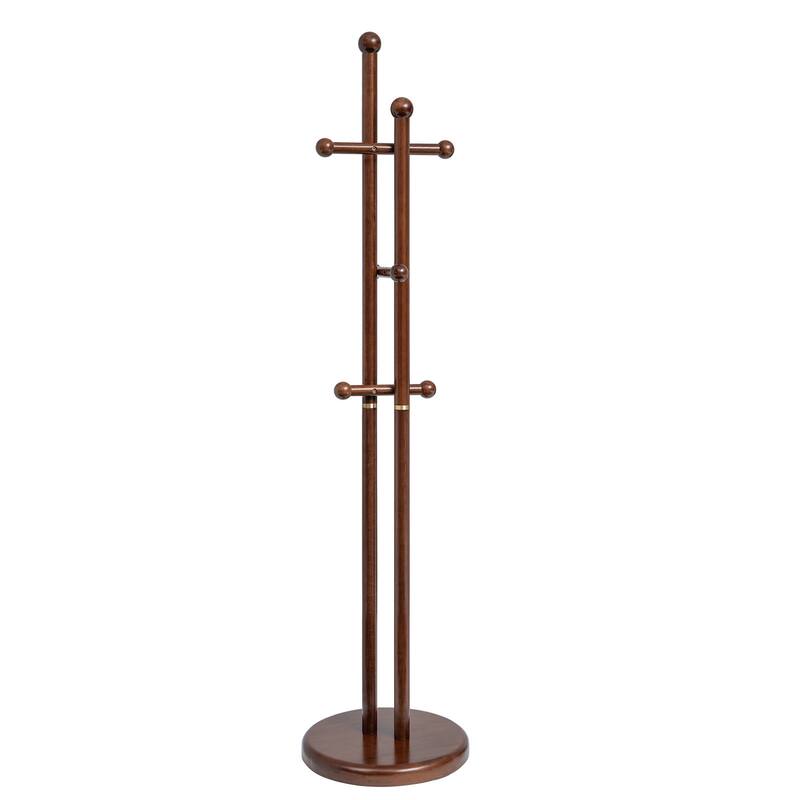 Freestanding Coat Rack Wooden Coat Tree with 6 Hooks and 2 Main Rods - 73.23"H x 15.75"W