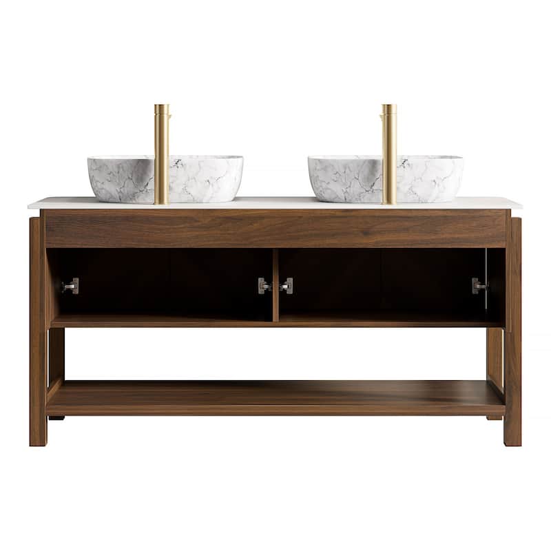 Freestanding Bathroom Vanity in Dark Walnut with Vessel Ceramic Basin
