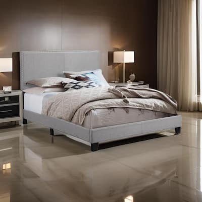 Shirin Queen Size Bed, Wood, Nailhead Trim, Upholstered Headboard, Gray