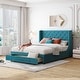 preview thumbnail 15 of 26, Queen Size Lozenge Pattern Storage Bed Velvet Upholstered Platform Bed with Wingback Headboard / Footside Drawer / 10 Slats Blue