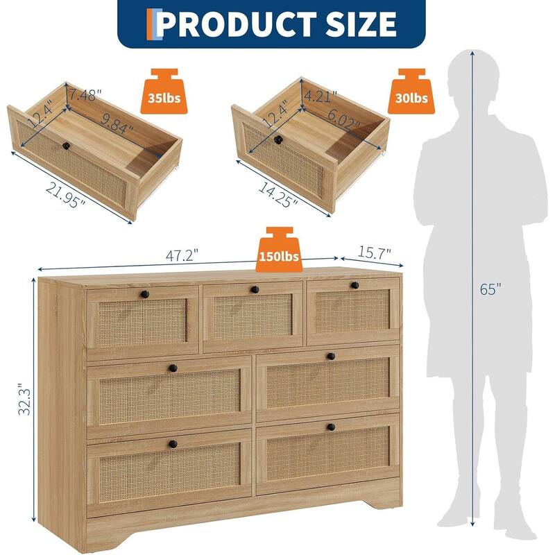 Farmhouse Rattan 7 Drawer Dresser Storage Organizer for Bedroom, Living Room