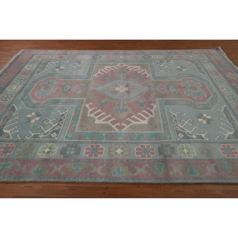 Blues Pink Geometric Oushak Indian Area Rug Handmade Wool Carpet - 8'0" x 10'0"
