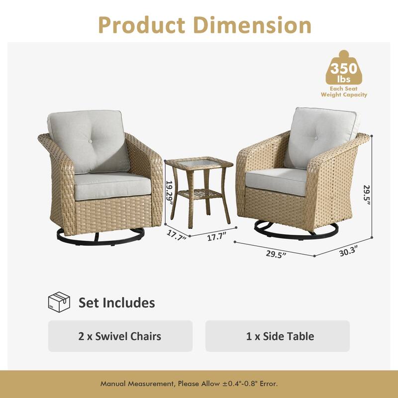 XIZZI 3-Piece Outdoor Chairs Wicker Swivel Rocker with Cushions