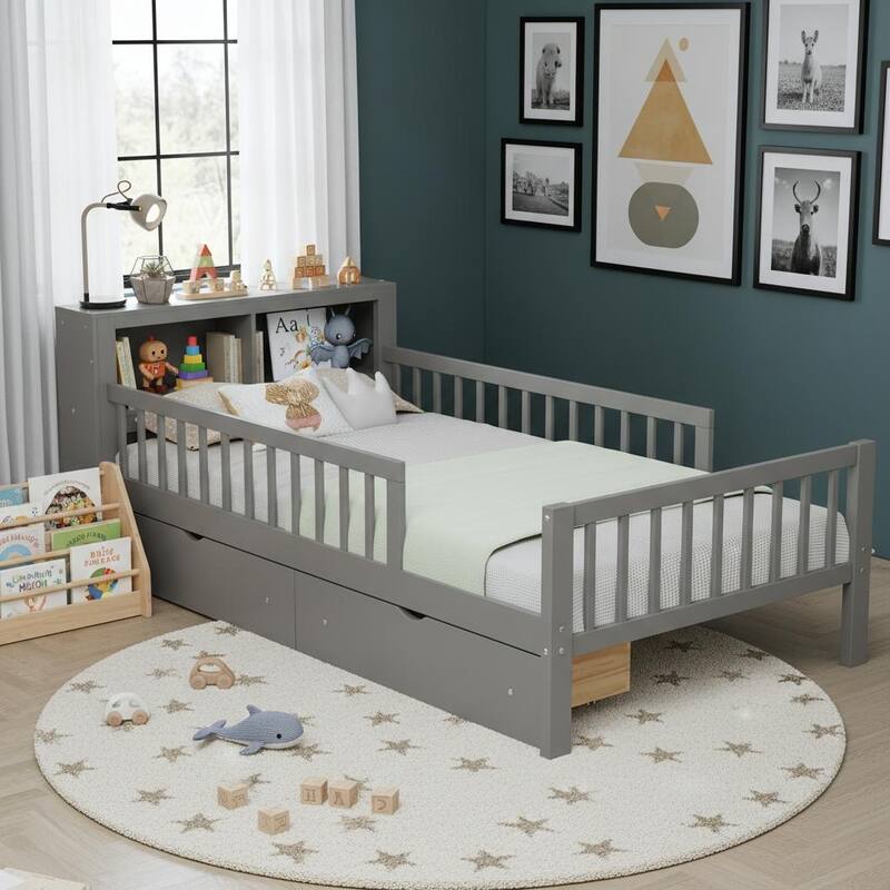 Twin Size Bed with Headboard Storage Rack by Harper&Bright Designs - Grey