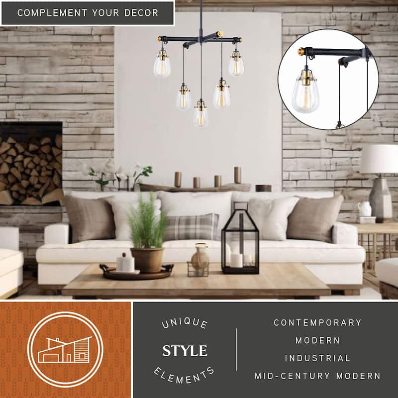Kassidy 5-Light Industrial Black and Brass Chandelier with Teardrop Glass - 26.5-in W x 16-in H x 26.5-in D