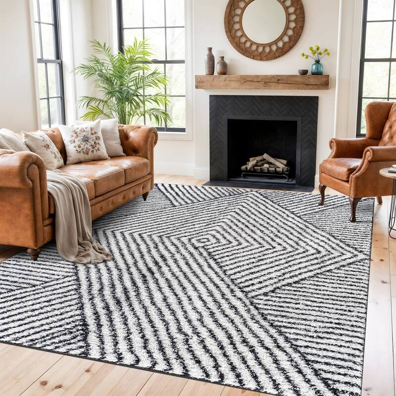 Minimal Stripe Geometric Shag Rug - Anthracite Dark Gray - Medium Pile - Cozy & Modern - White - 7' 10" x 10'