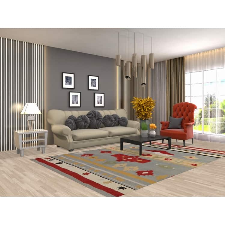 Hand Knotted Oriental 100% Wool Carpet Modern Geometric Greys & Charcoal Gabbeh Area Rug - 9' 2'' X 6' 0''