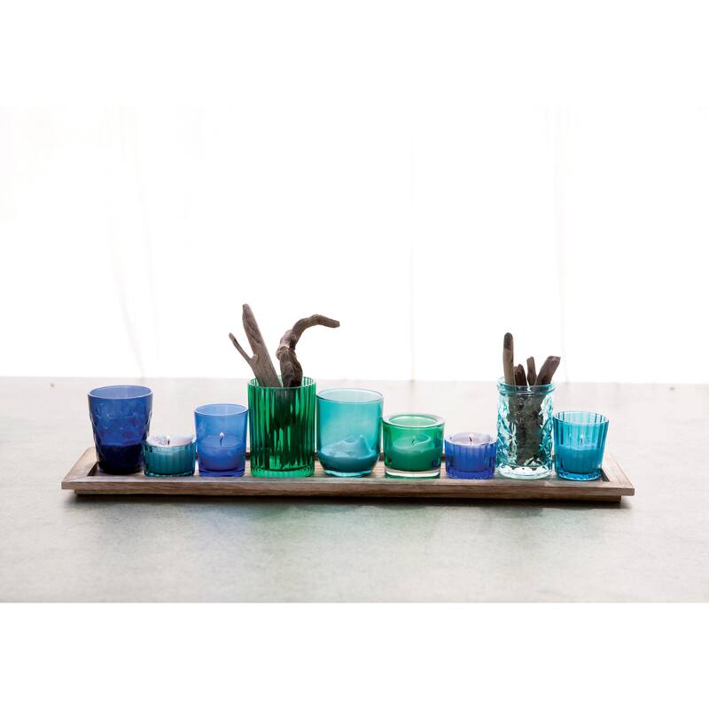 Wood Tray with 9 Blue & Green Glass Votive Holders