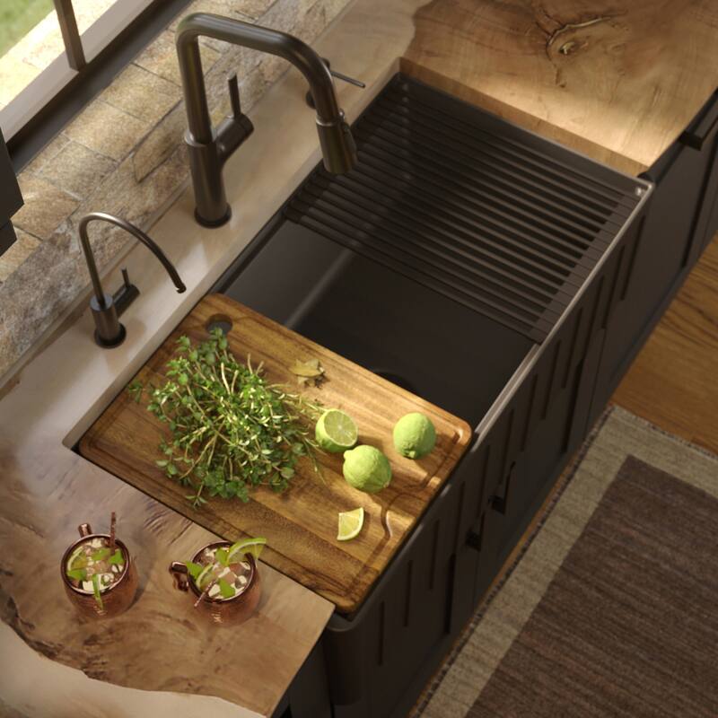 Karran 33" Single Bowl Workstation Fireclay Kitchen Sink with Reversible Fluted Apron Front