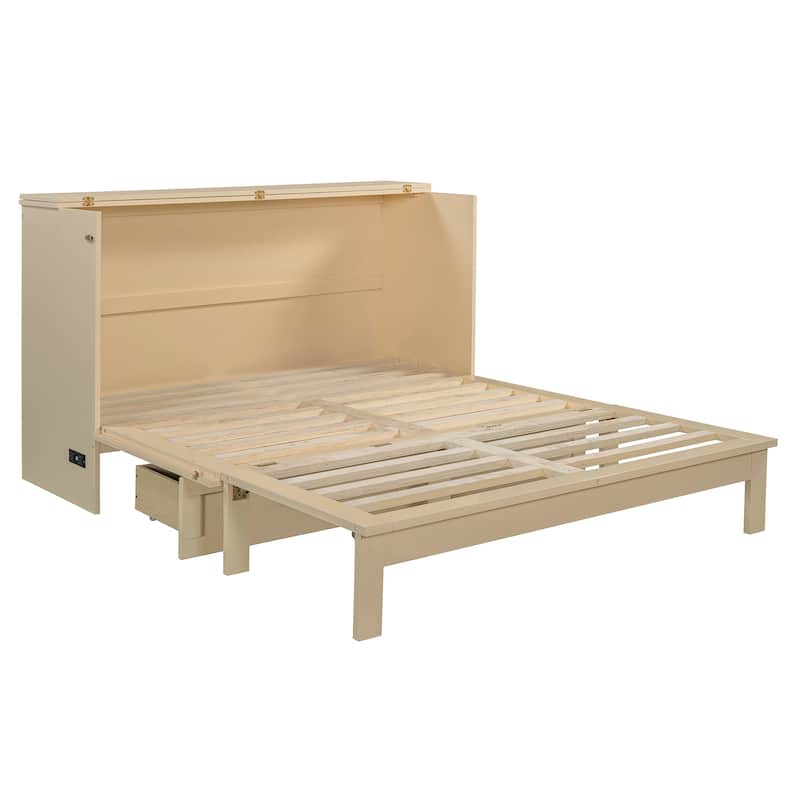 Queen Size Foldable Murphy Bed with Storage Drawers & USB Charging,Space Saving Wall Bed