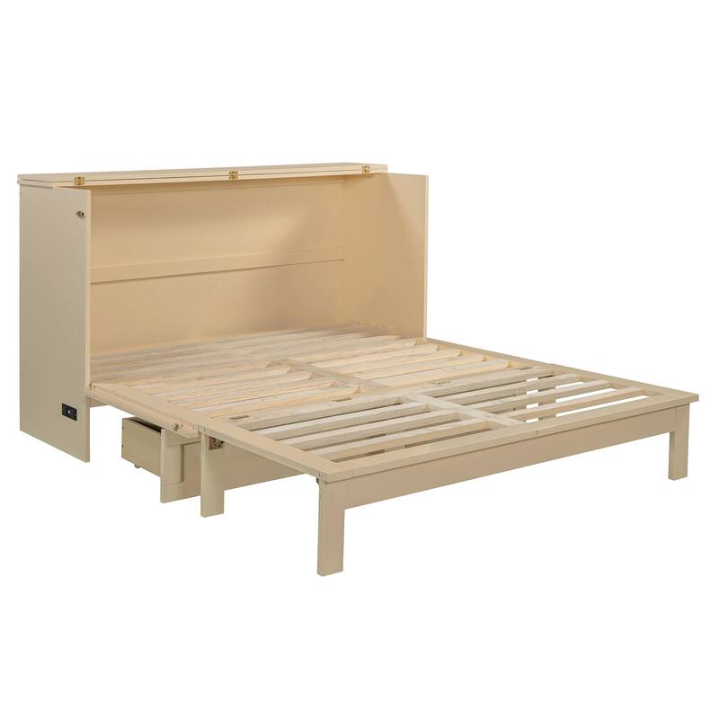 Queen Size Murphy Bed with Large Storage Drawers, USB Charging Port, and Space-Saving Design for Small Rooms