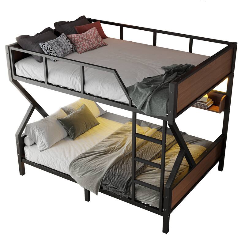 Queen over Queen Bunk Bed, Metal Bunk Bed with Storage Shelves and Lights, Space-saving & Noise-free Design, Black