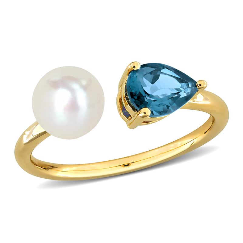 Miadora 7/8ct TGW Pear-Cut London Blue Topaz Cultured Freshwater Pearl Ring 10k Yellow Gold