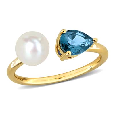 Miadora 7/8ct TGW Pear-Cut London Blue Topaz Cultured Freshwater Pearl Ring 10k Yellow Gold