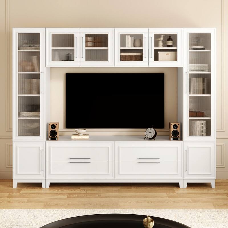 Modern 102" W Wall Unit Entertainment Center for TVs up to 75", Large Media TV Console with Glass Doors and Drawers - White