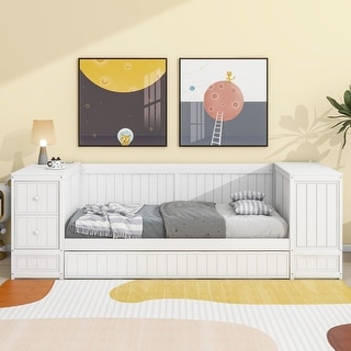Twin Size Daybed Trundle Bed Pine Wood Bed Frame for Kids Teens