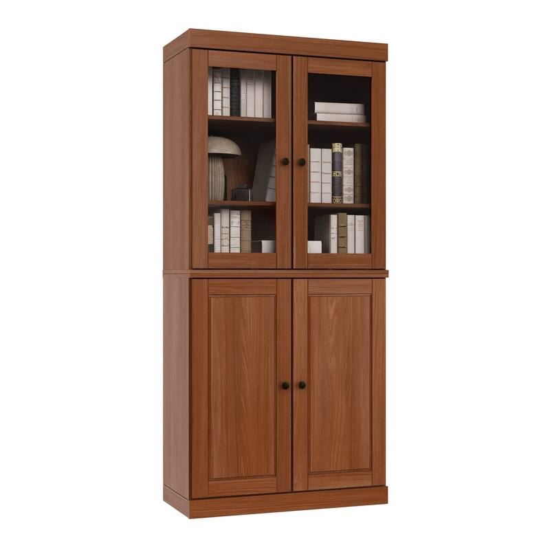Palace Imports Solid Wood 6-Shelf Bookcase, Raised Panel Clear Glass Doors, Adjustable Shelves