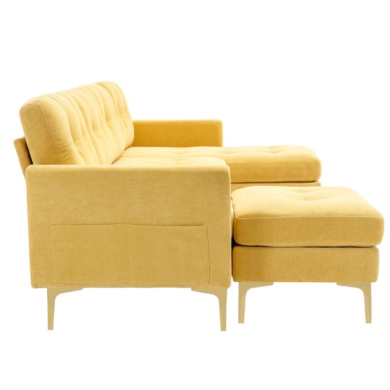 Convertible L-Shaped Velvet Sectional Sofa with Movable Ottoman and Gold Metal Legs for Living Room