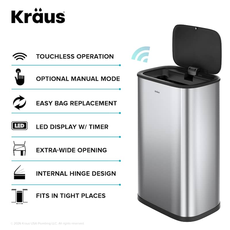 KRAUS WasteGuard 14.5 Gal 55 Liter Motion Sensor Kitchen Trash Can