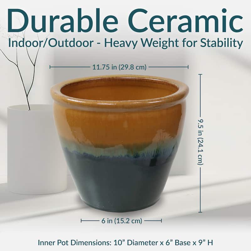 Sunnydaze Set of 2 Chalet Glazed Ceramic Planter - Forest Lake Green - 12-Inch