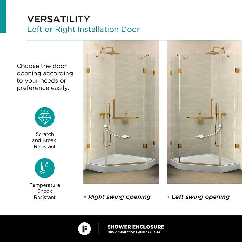 Neo Angle, Acrylic Shower Base with Compatible Glass Frameless Shower Enclosure