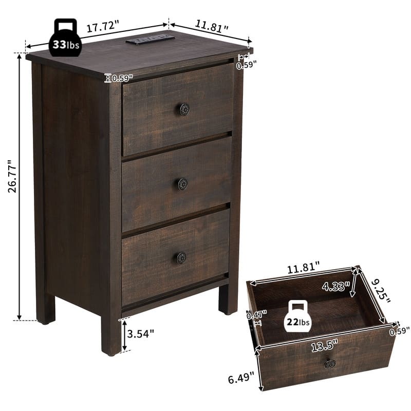 Brown Solid Wood Nightstand with 3 Drawers with USB & Type-C Ports, 2 Power Outlets