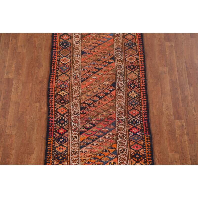 Hand Knotted Oriental 100% Wool Carpet Traditional Geometric Oranges & Rust Lori Runner Rug - 14' 9'' X 2' 10''