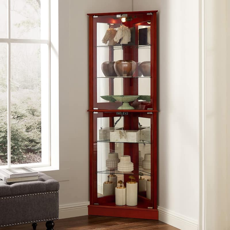 Corner Curio Cabinet with Lights, Floor Standing Display Cabinet with Adjustable Tempered Glass Shelves & Mirrored Back