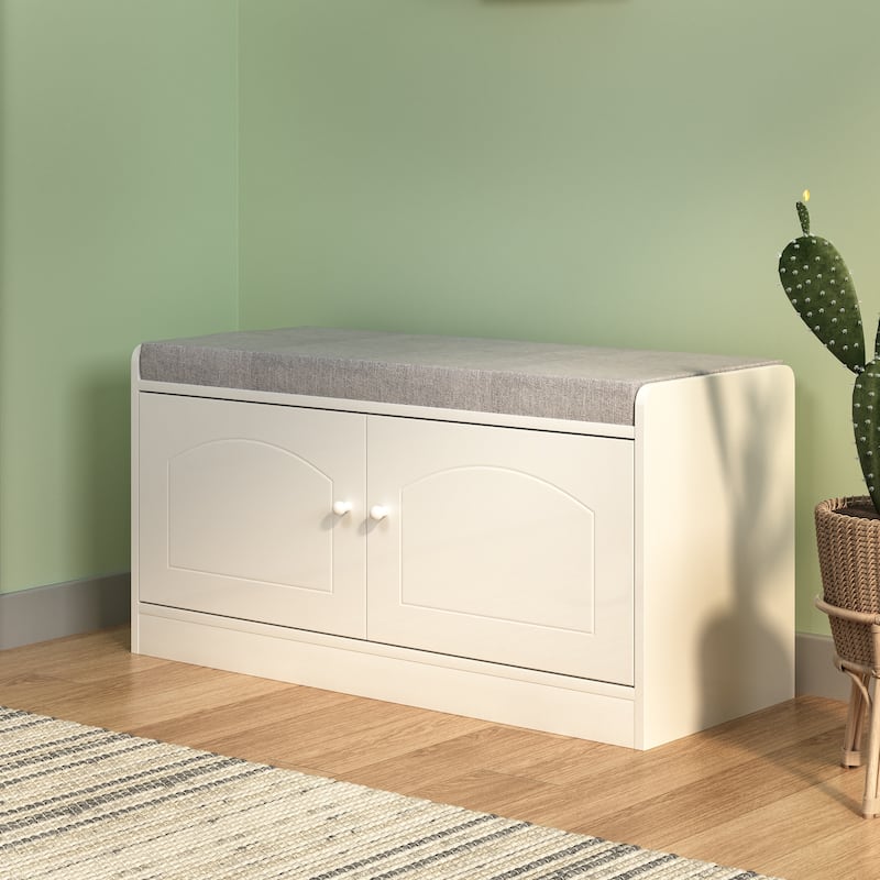 Shoe Storage Bench with 2 Door Cabinet,Entryway Bench with Storage,Shoe Bench with Cushion,Adjustable Shelves,Shoe Rack Bench