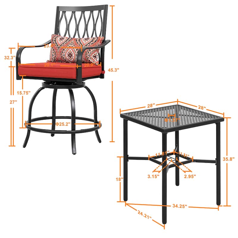 Outdoor 3-Piece Metal Bar Set, Swivel Bar Stools with Cushions and Pillows