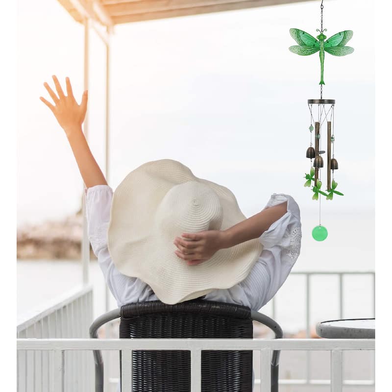 CoTa Global Green Garden Dragonfly Wind Chime – Glass and Metal Chime - 35 inches