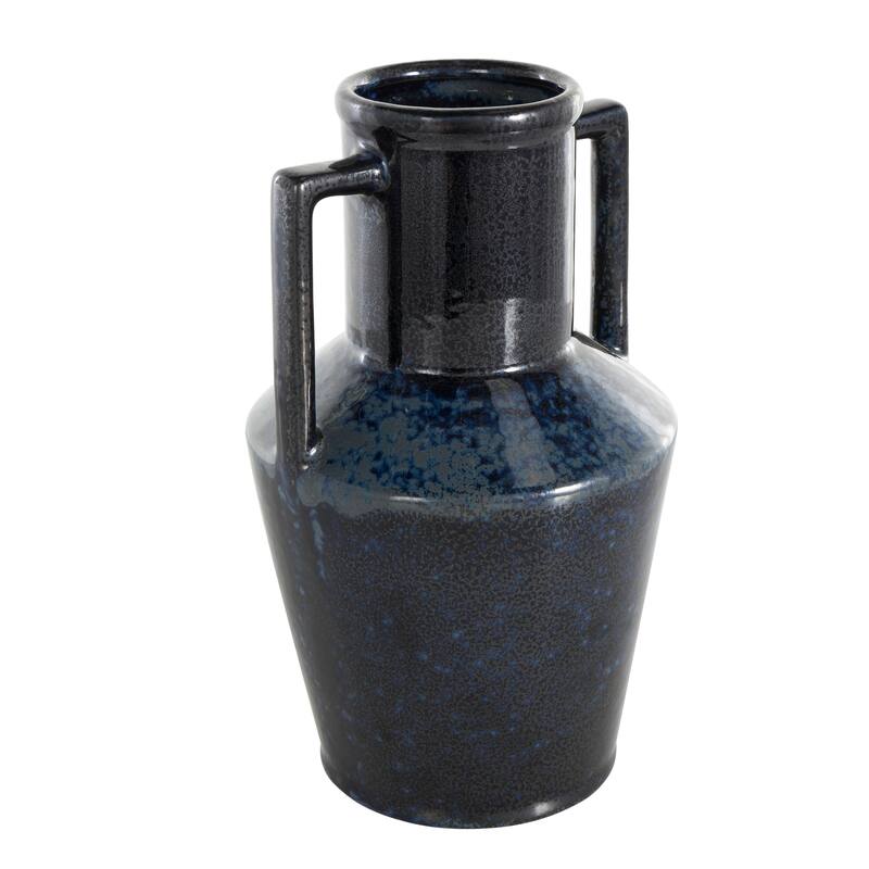 Dark Blue Ceramic Ombre Textured Decorative Vase with Rectangular Handles