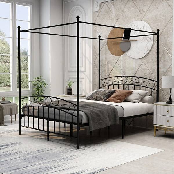 Full Size Metal Canopy Bed with Builtin Headboard, Black Bed Bath