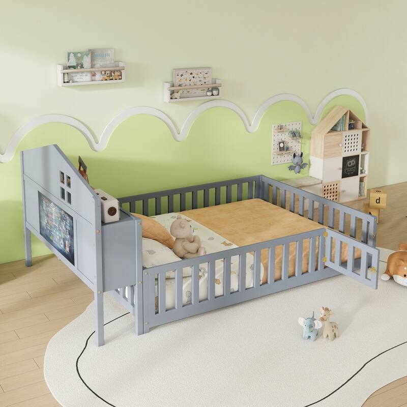 Wooden Full Size Montessori Floor Bed with Bookcases and Blackboards, Solid Pine Floor Platform Bed Frame with House Headboard