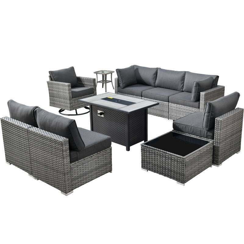 HOOOWOOO 10-piece Wicker Patio Furniture Sectional Sofa Set Swivel Rocker with Fire Pit Table