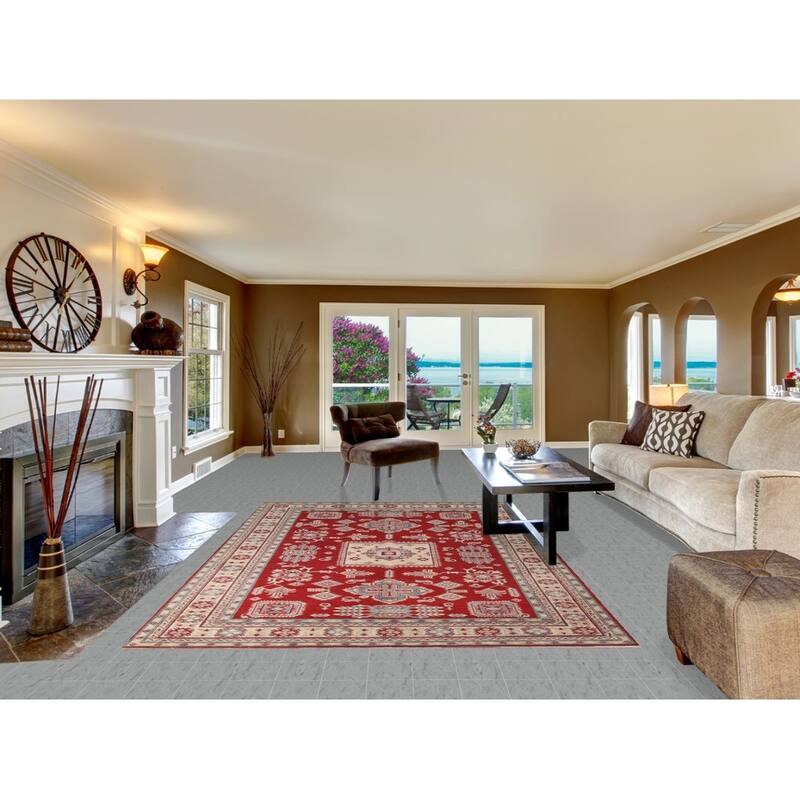 Red Geometric Kazak Living Room Area Rug Hand-Knotted Wool Carpet - 6'7" x 10'1"