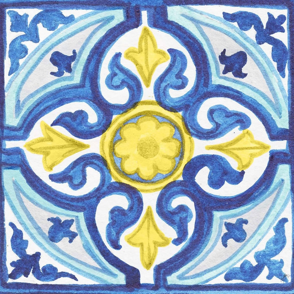 Blue & Yellow Tile Decorative Heat Tolerant Ceramic Stone Trivet 7.9" Square Protective Cork Backing, Easily Wipes Clean