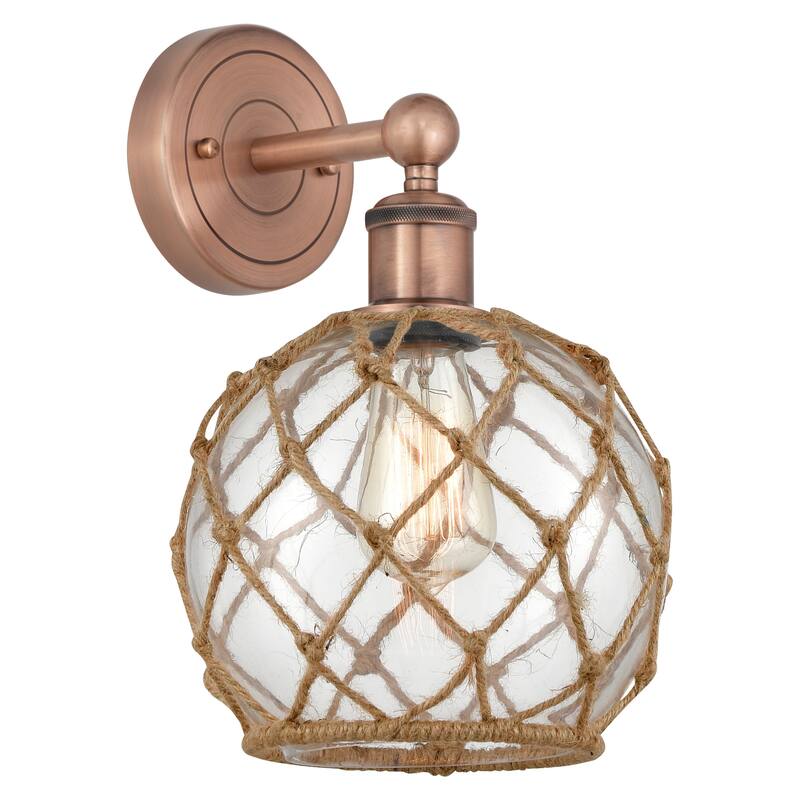 Innovations Lighting 616-1W-13-8 Farmhouse Rope Sconce Farmhouse Rope - Antique Copper / Clear Glass with Brown Rope