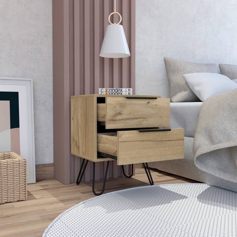 Light Oak 2-Drawer Rectangle Nightstand with Steel Legs