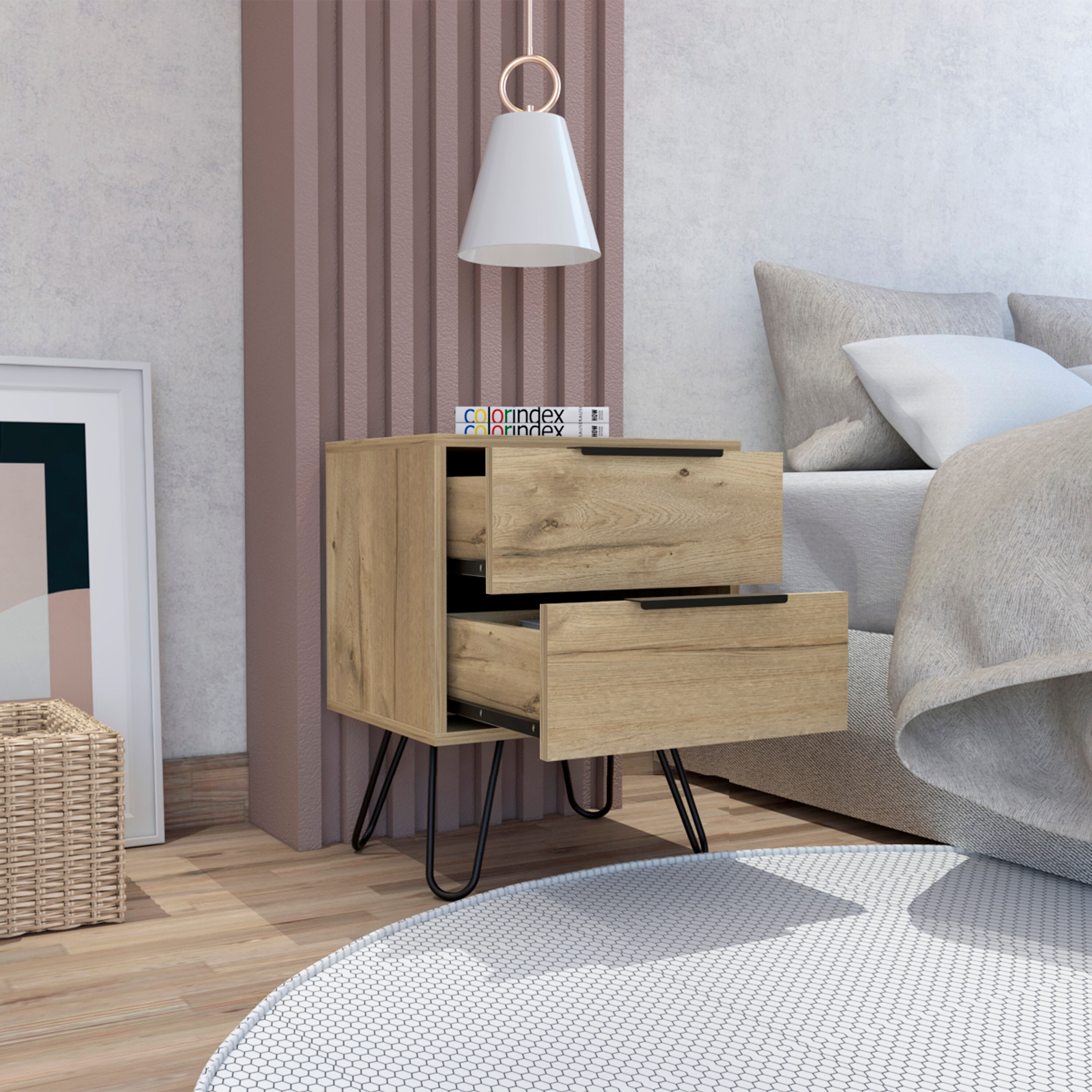 Simplicity 2 Drawers Bedside Table Hairpin Legs Nightstand Bed